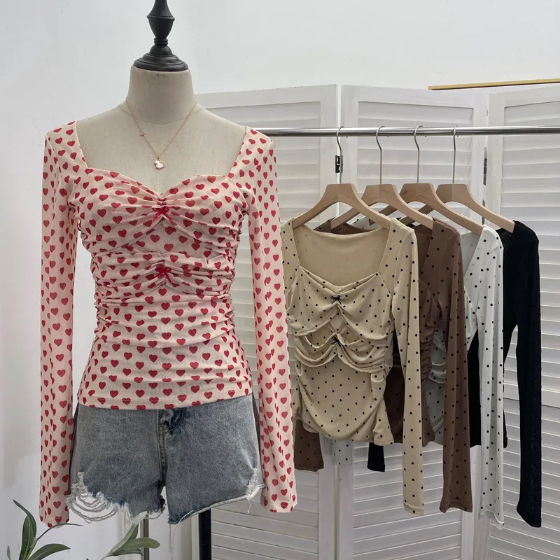 Y2k Clothes Sweetheart Atmosphere Heart Print Mesh Ruffled Bow Long Sleeve Fitted Square Neck T-Shirt Chic Night Outfits Top2831