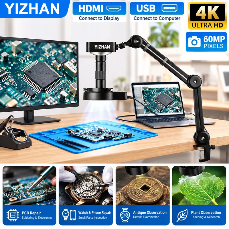 YIZHAN Microscopio Elettronico 60MP 4K HDMI USB Microscopio Digitale 360 ° Braccio di rinforzo rotante regolabile, obiettivo zoom 1-150X, lampada a LED, utilizzato per la saldatura di PCB, la