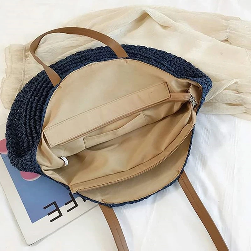 Large Capacity Round Women Fashionable Straw Woven Shoulder Bag Handmade Summer Beach Travel Holiday Women Tote Bags