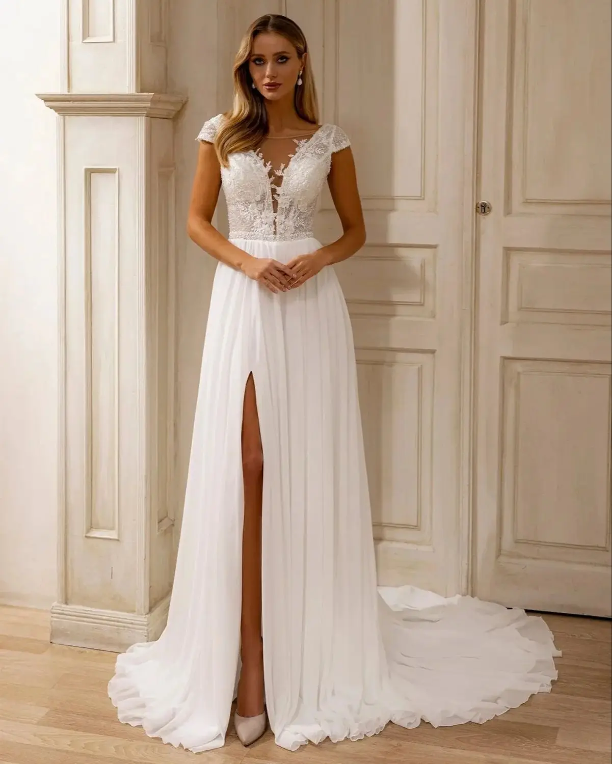 

Soft Chiffon A Line Wedding Dresses Lace Appliques Beads Bridal Gowns Side Split Floor Length Customized Vestidos De Mariee