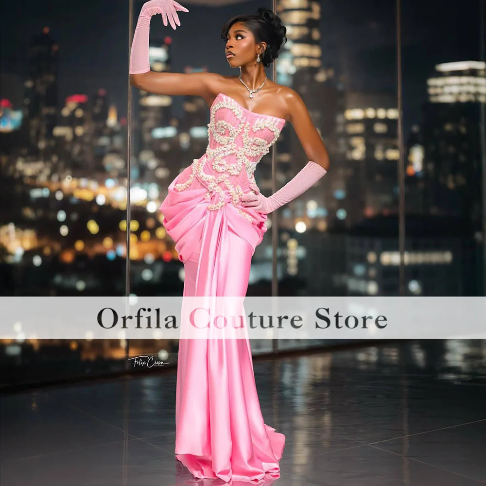 Elegant Pink Evening Dresses For Special Occasions Pearls Strapless Mermaid Prom Gowns Satin Party Dress De Fiesta Customized