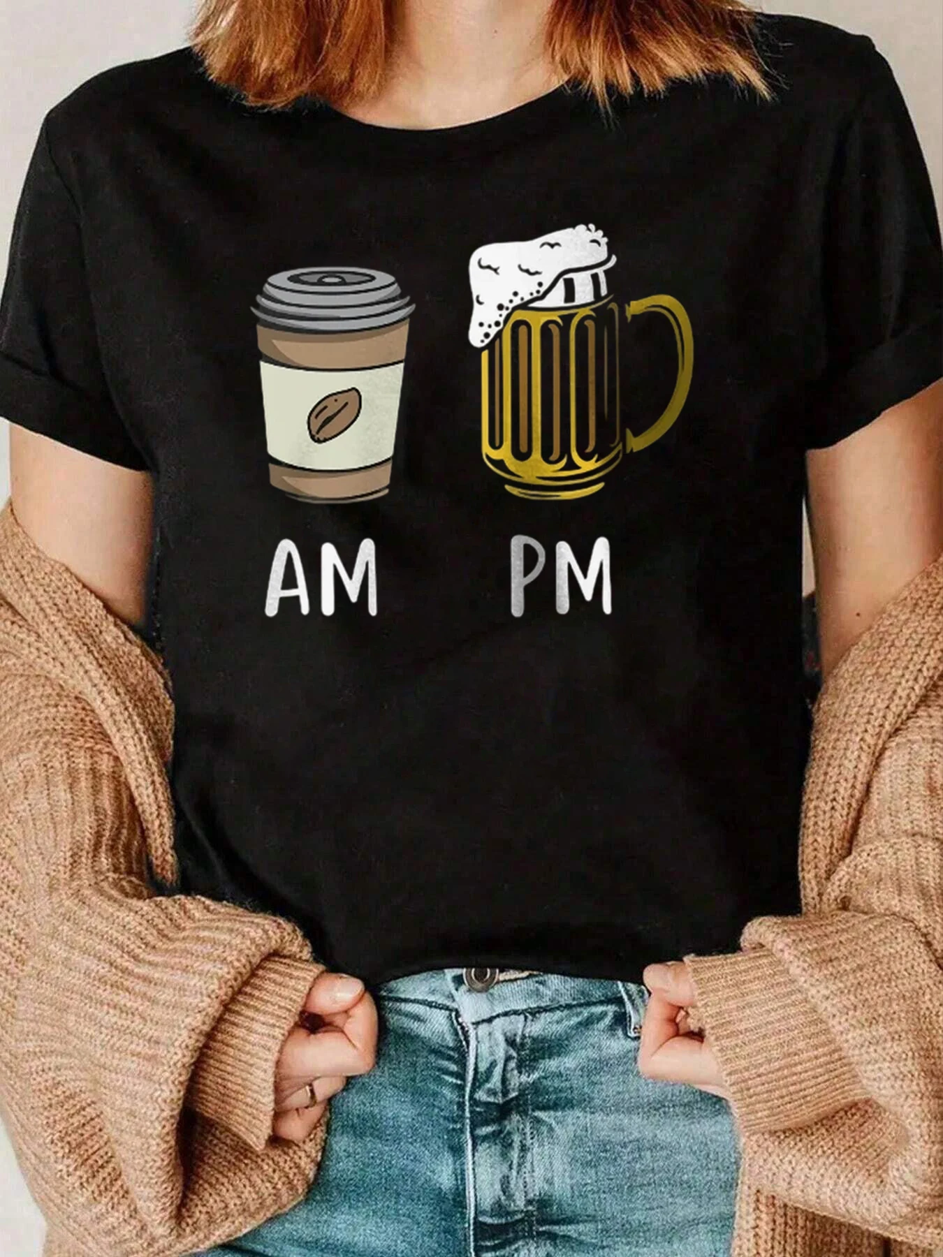 

Coffee And Beer Am Pm Printed T Shirt Casual Daily Wear For Women 220g