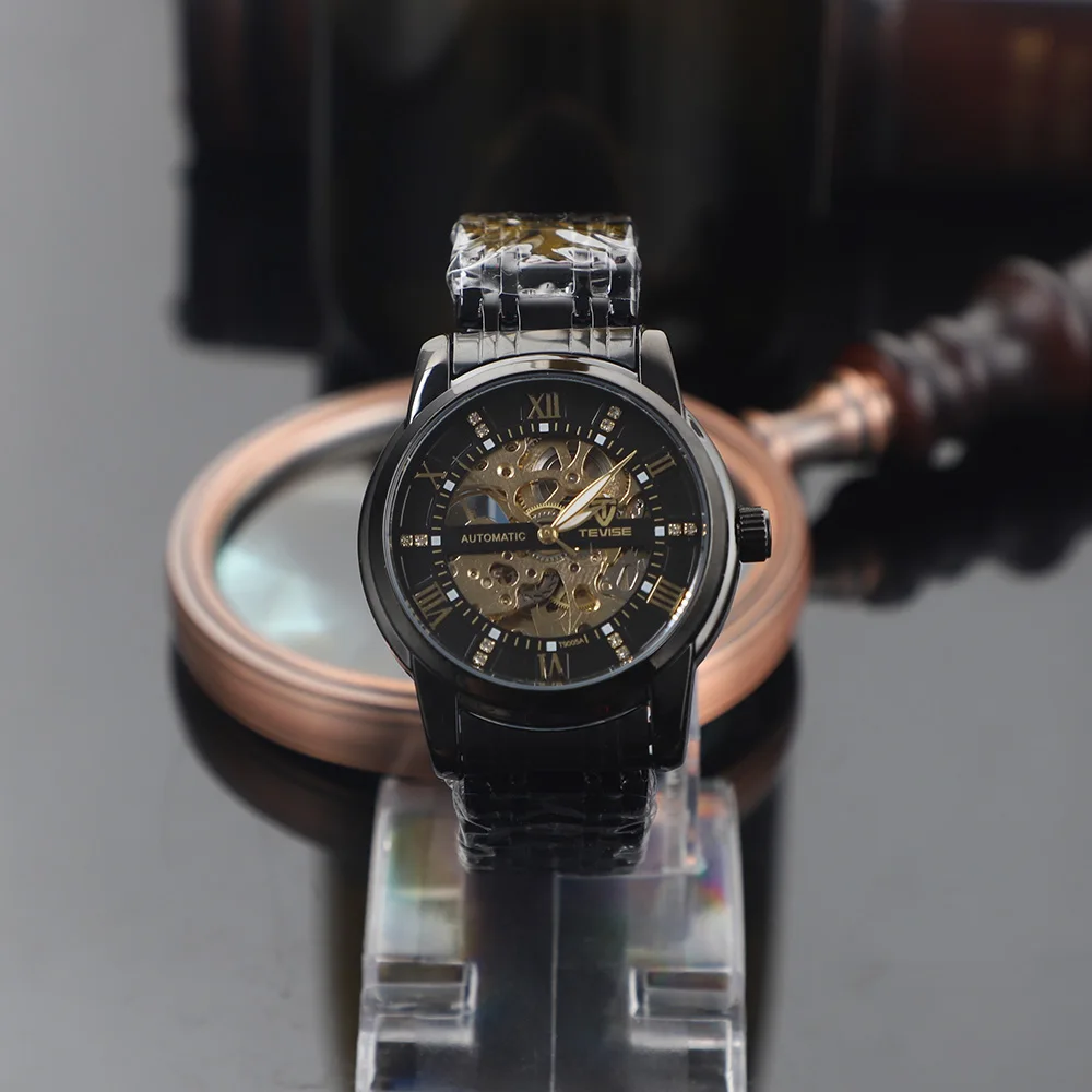 

Мужские автоматические механические часы Tevise с открытым механизмом, роскошные, черно-золотые, с браслетом из нержавеющей стали, деловые наручные часы