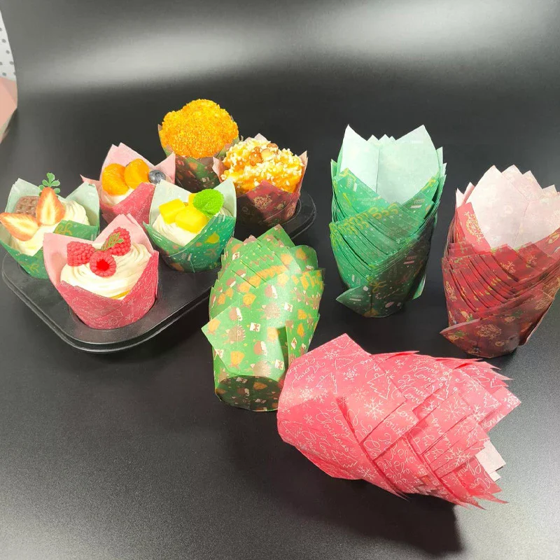 50 шт., рождественские бумажные стаканчики для кексов-тюльпанов, маслостойкая подкладка для кексов, коробка для выпечки маффинов, чашка для украшения торта, чехлы для инструментов