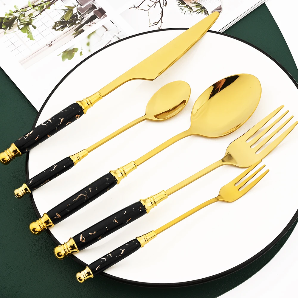 Drmfiy 6/24/30Pcs Luxury Porcelain Dinnerware Set Ceramic Handle Knife Fork Coffee Spoon Stainless Steel Tableware Cutlery Set