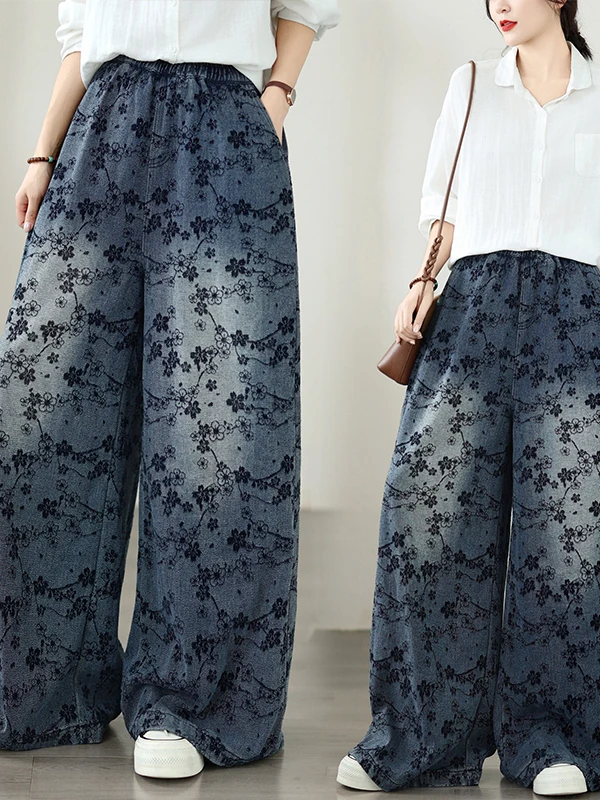 Retro Embossed Flocking plus Size Denim Pants Elastic Loose Wide Leg Casual Versatile High Waist Straight Leg Jeans for Women