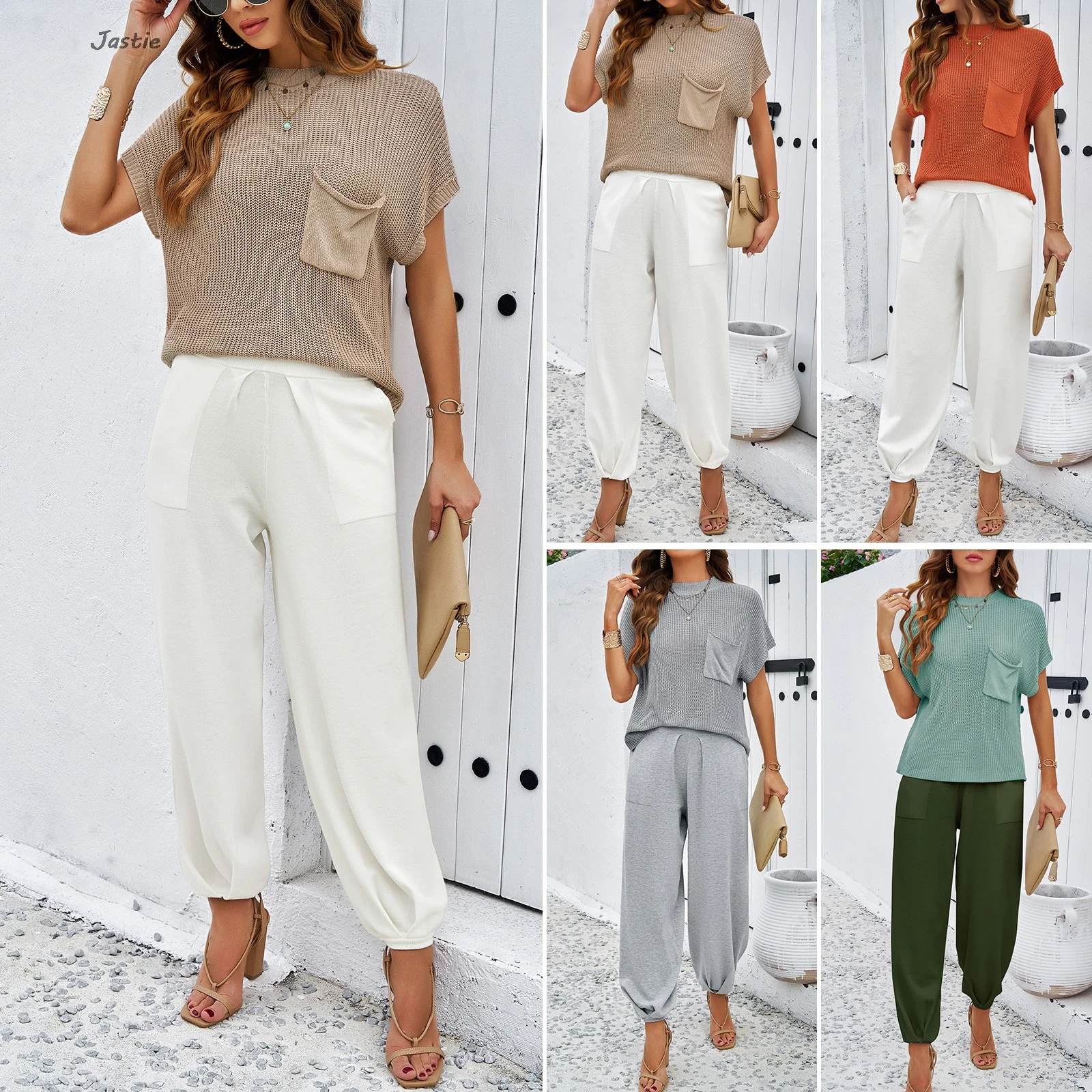 

2024 Summer Casual Solid Color Knitted Suit Round Neck Short Sleeve Pocket Top + Elastic Waist Casual 2-piece Sets Women's Suit