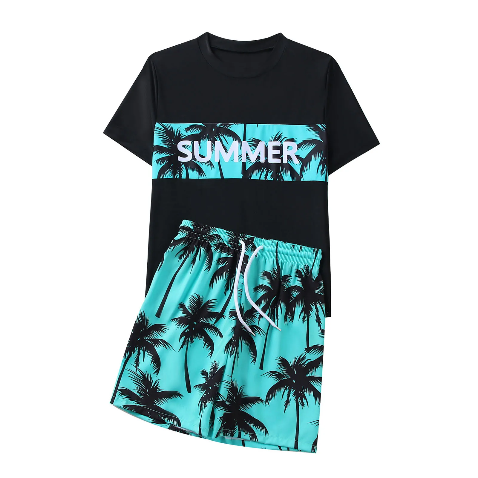 

Kids Boys Fashion Two-Piece Swimsuit Printed Rashguard Set Round Neck Short Sleeve Top with Drawstring Elastic Waistband Shorts