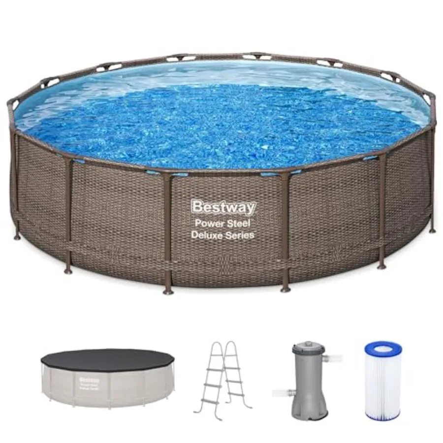 

Backyard outdoor swimming pool set: Power Steel round above-ground pool, 14 x 42, steel frame, blue, includes 1, 000 GPH filter