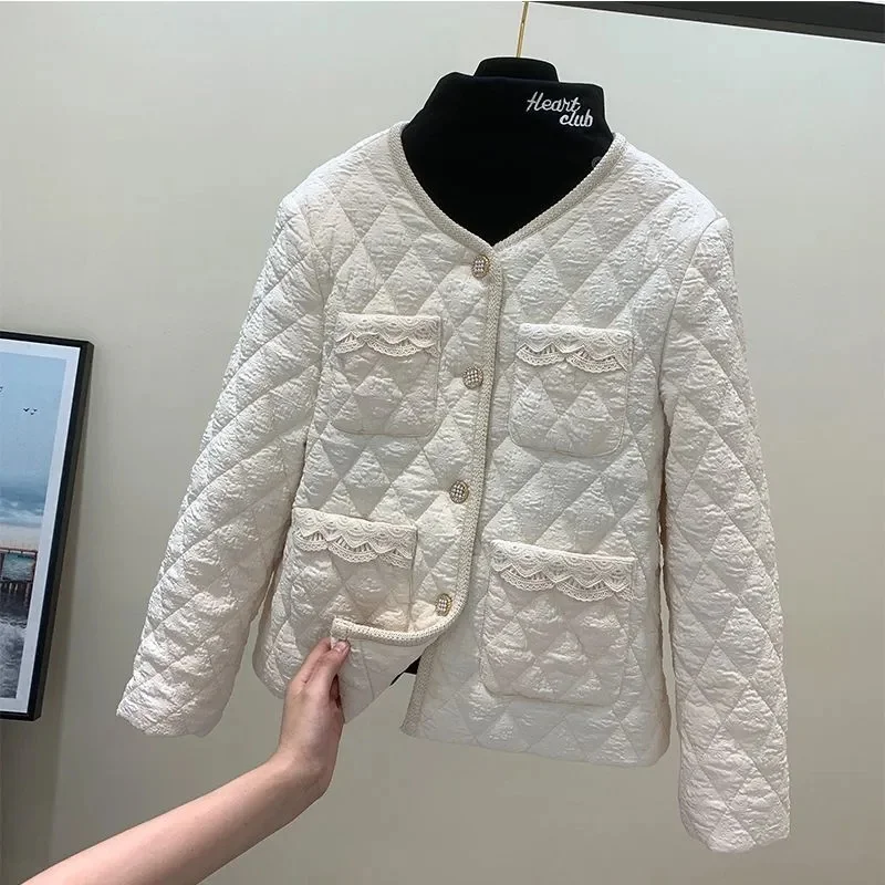 

Cotton Coat Autumn Winter 2023 New Small Breeze Thin Cotton-Padded Jacket Women Retro Short Rhombus Outwear Ladies Tide Overcoat