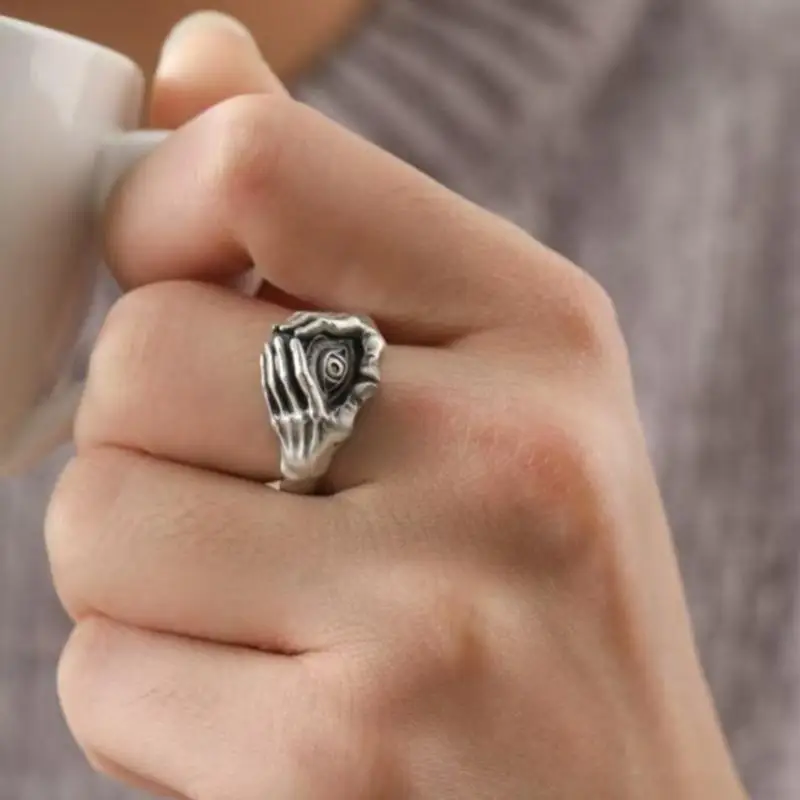 Retro Persönlichkeits-Ring mit Augen- und Handmotiv für Männer und Frauen, Gothic Offener Ring, Schmuck-Accessoire, Geschenk – Detail 5