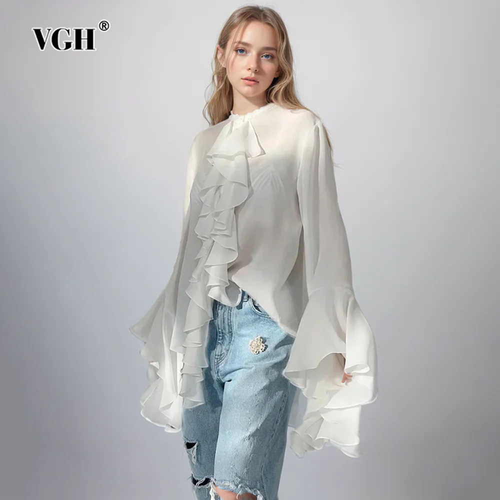 VGH Solid Patchwork Ruffles Shirts For Women Round Neck Flare Sleeve Spliced Single Breasted Minimalist Loose Blouses Female New