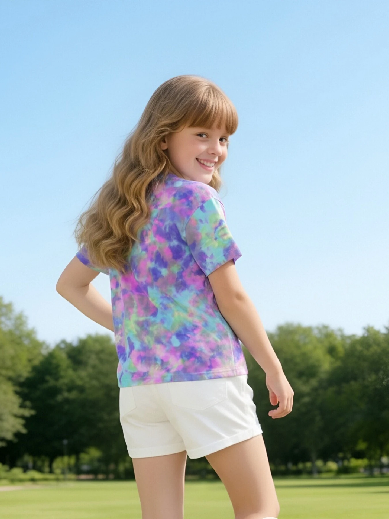 Summer tie-dye children's T-shirt, purple powder gradual change smudge loose version, girls top
