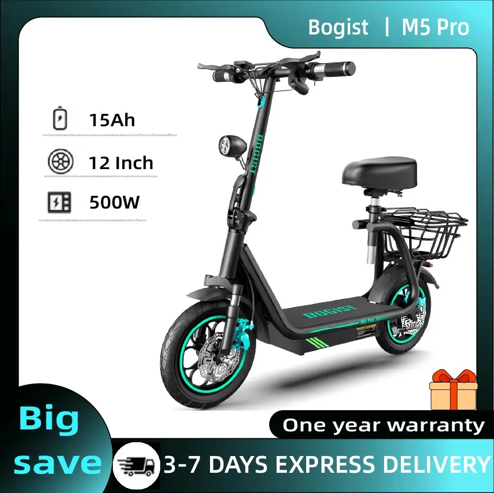 Trottinette électrique Bogist M5 Pro avec panier de rangement, roues gonflables, amortisseur avant, 500W, 48V, 15Ah, 12 pouces, nouvelle mise à niveau