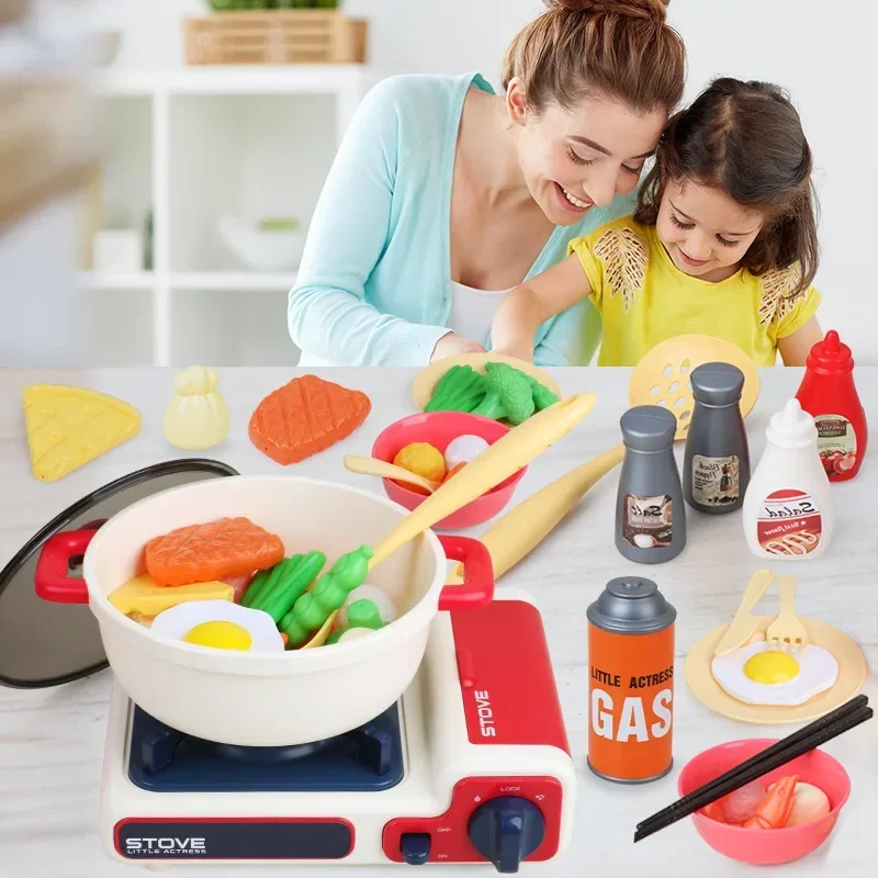 32pcs/set Simulate gas stove pot vegetable Meat music LED Lights kid kitchen toy set Play house Interactive Toy baby best gift