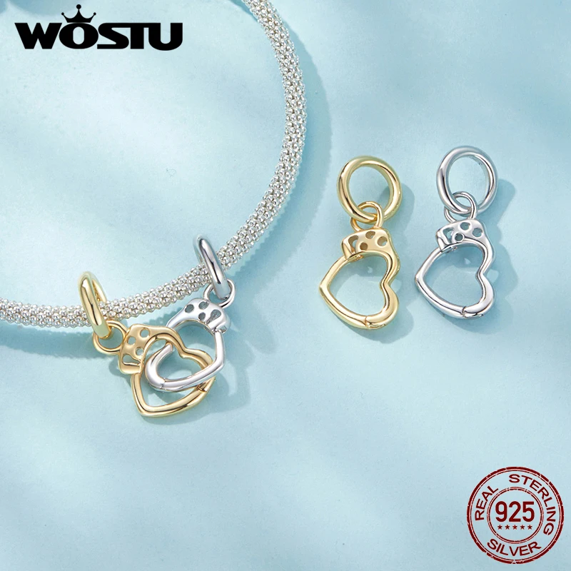 WOSTU 100% 925 Sterling Silver Two-tones Heart Charms Star Stopper Beads Fit for Women Original Bracelet Pendant DIY Jewelry