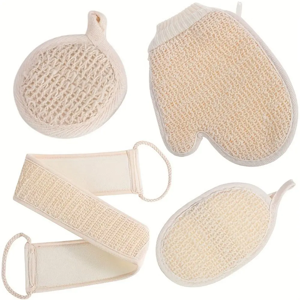 Set doccia in cotone e lino 4 pezzi, guanti da bagno portatili, Scrubber per la schiena, strumenti per il bagno, Set per la pulizia, forniture di