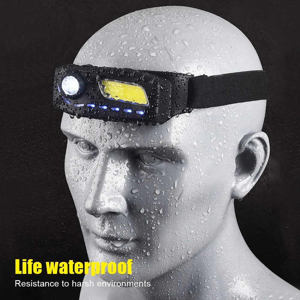 LED Sensor Headlamp Outdoor COB Induction Headlight Three Light Source 8 Mode Rechargeable Camping Running Fishing Red Headlight