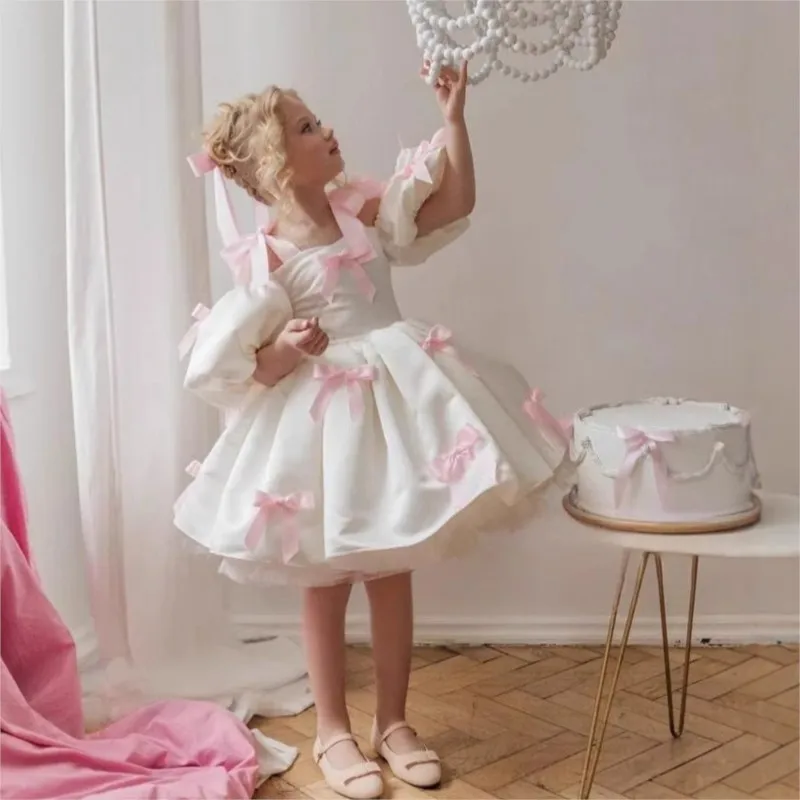 Baby Girl Princess Bow Strap Tutu Dress Infant Toddler Child Vestido Puff Sleeve Christmas Birthday Party Baby Clothes 2-14Y