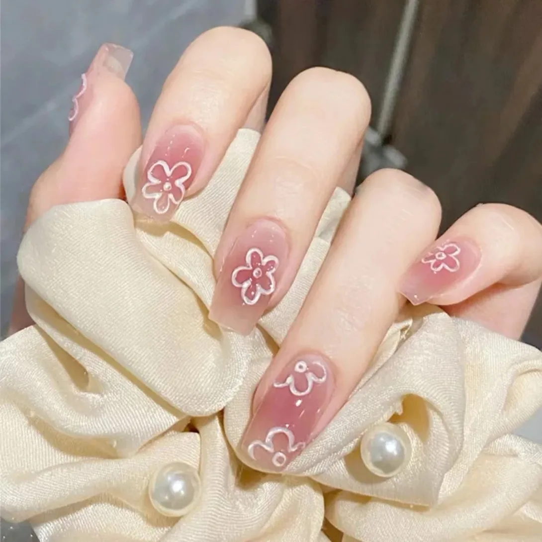 24Pcs Gradient Color Artifical Press On Nails With Glue Long Coffin Fake Nails Lovely Girls Nail Art Ballerina False Nails Tips