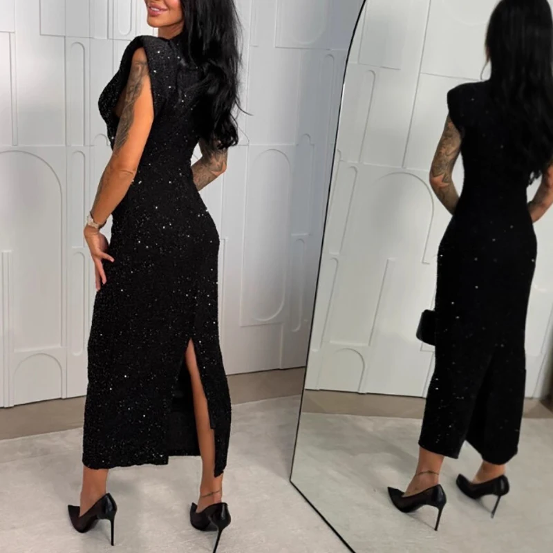 Sexy dames v-hals korte mouwen zomerjurk mode pailletten knop slim fit a-lijn jurk kantoor elegante effen kleur lange jurk