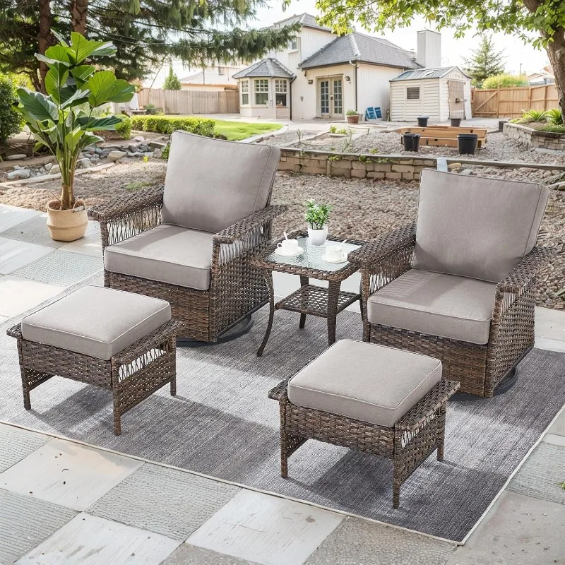 

Wicker Swivel Glider Chairs 2 PE Rattan Ottomans with Patio Wicker Side Table Brown Wicker Grey Cushions Patio