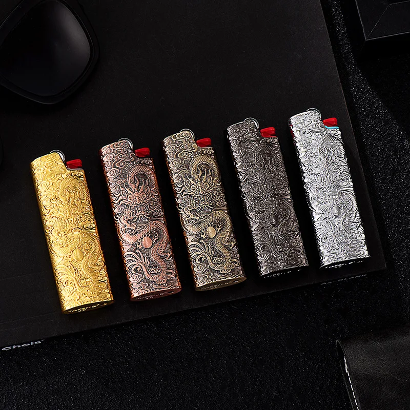 Full Size Bic J6 Lighter Cover With Domineering 3d Dragon Relief Metal Lighter Shell