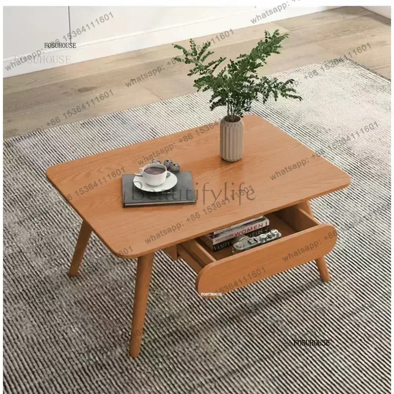 LSModern Minimalist Solid Wood Center Tea Table Living Room Coffee Table with Drawers Home Furniture Log Side Table