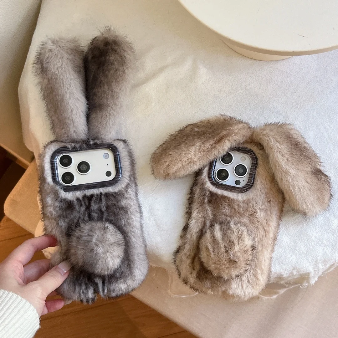

Grey Plush Rabbit Cute Warm Phone Case Cover For Iphone 17 Pro Max 16 16e 15 14 13 mini Furry Fur Fluffy soft Cover