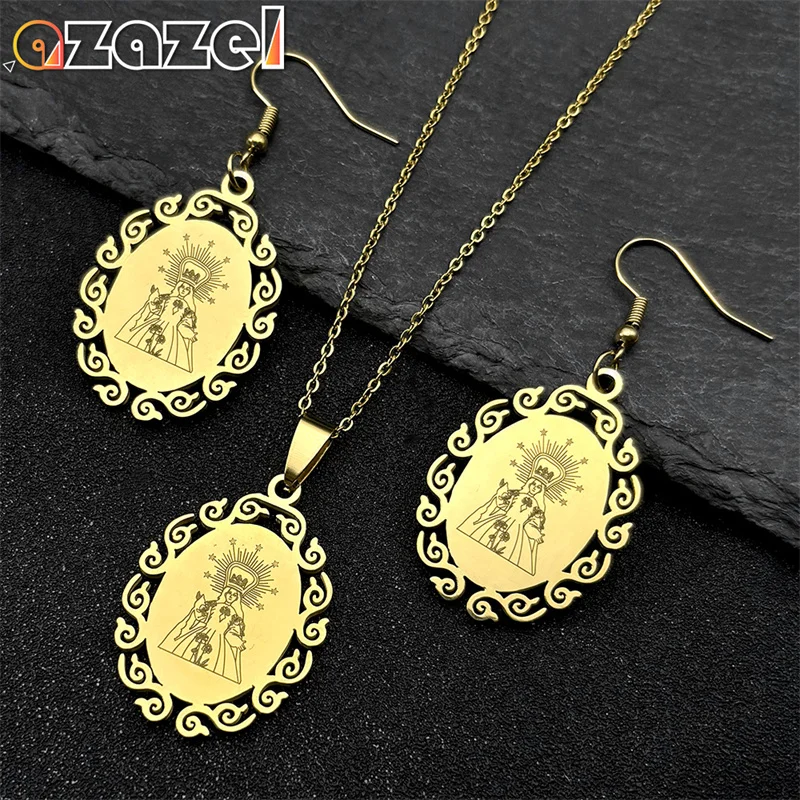 

Catholic Virgin Mary Pendant Necklace Earrings for Women Men Stainless Steel Gold Color Our Lady Pray Chain Amulet Jewelry Set