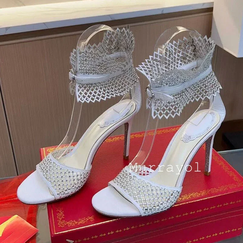 New Rhinestone Decor Open Toe Thin High Heels Sandalias Women Mesh Hollow Design Thin Heels Sandals Summer Party Dress Shoes