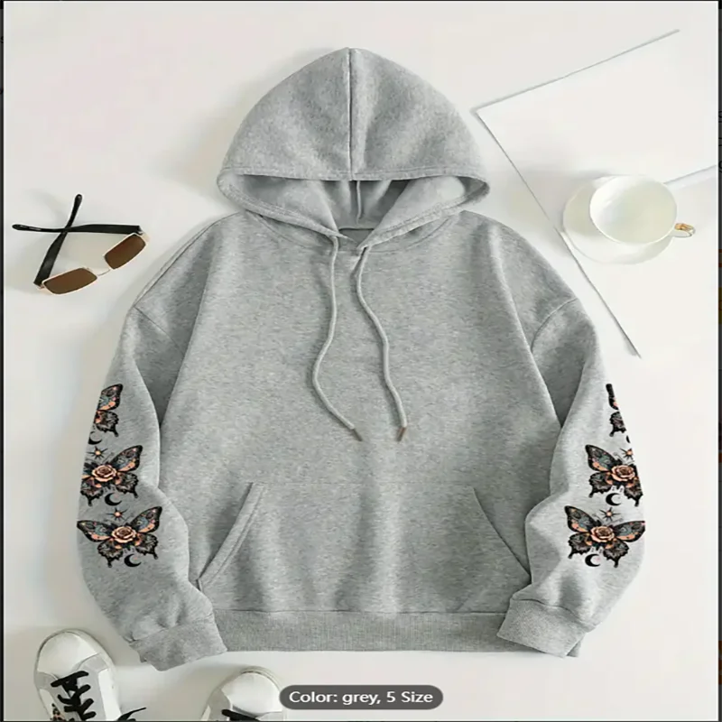 

Plus Size Butterfly Print Drawstring Hoodie Casual Long Sleeve Kangaroo Pocket Hooded Sweatshirt For Fall & Winter,