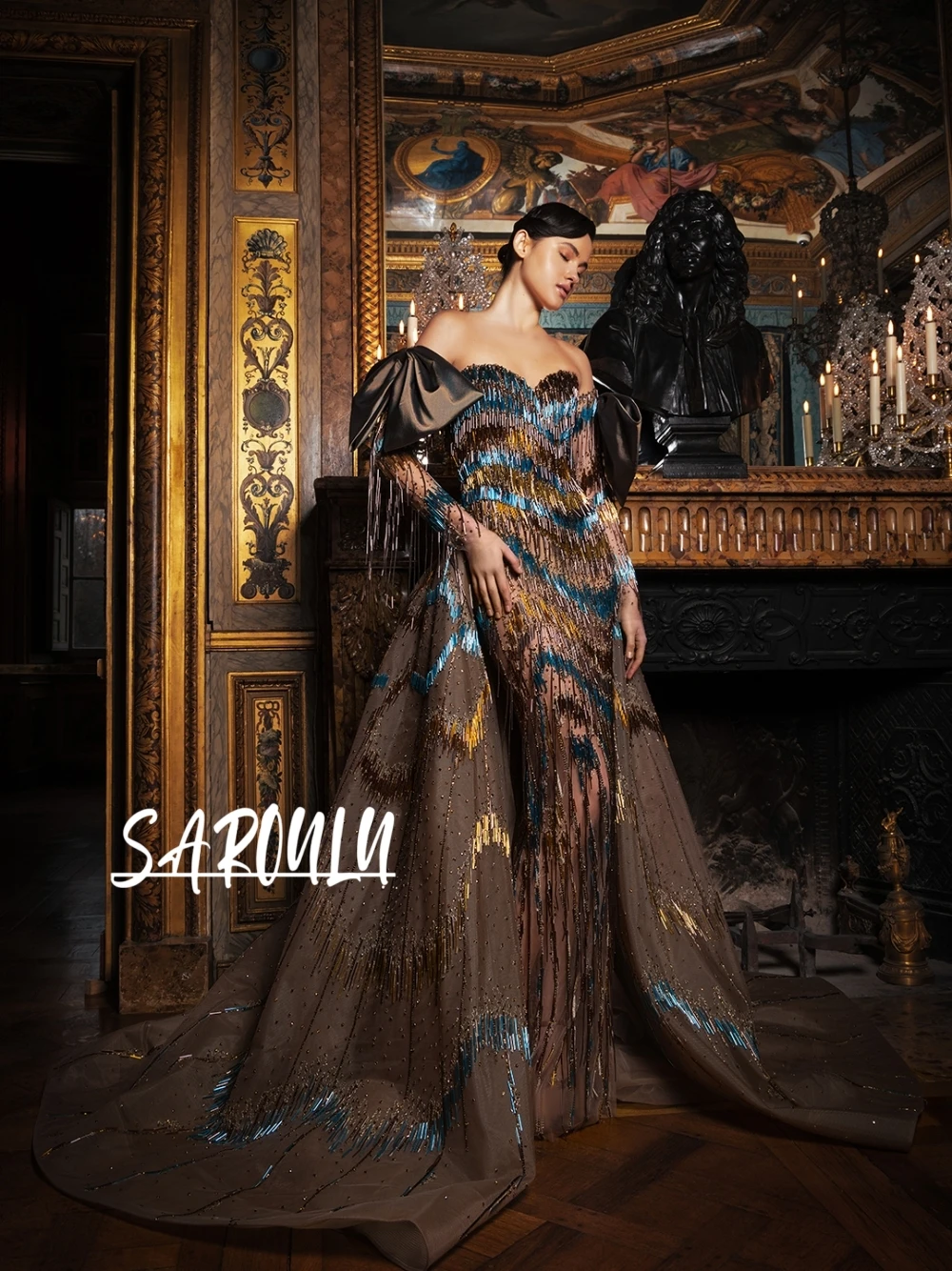 

Opulent Gradient Fringe Beaded Evening Dress Chic Puff Sleeve Customized Prom Gown Glitter Red Carpet Stunning 2 in 1 Party Wear