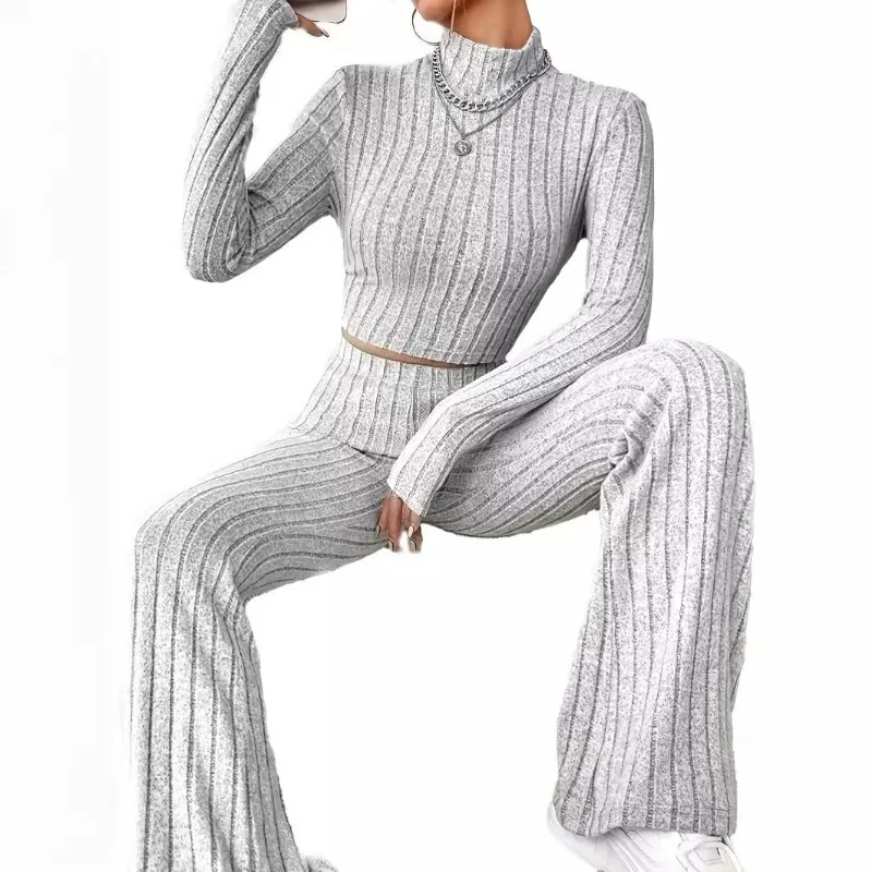 A New Two-piece Knitted Long-sleeved Suit Loose High-waisted Trousers for Cross-border Trade Women's Clothing Europe and America