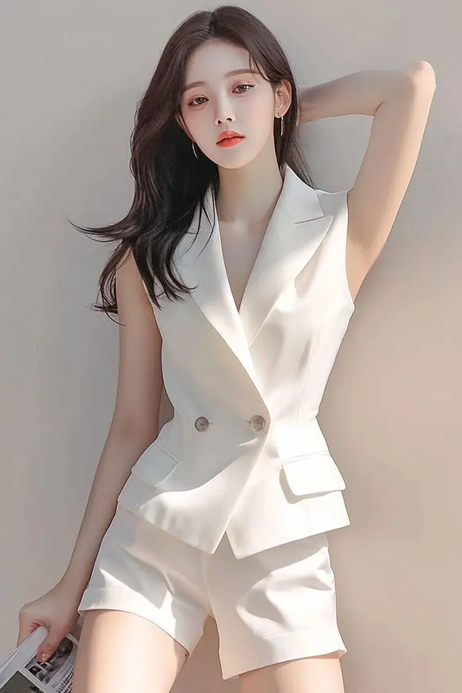

​​Petite French Work Suits Summer Vest Shorts Set Women Tailored Chic Coordinated Suit for Petite Professionals​​