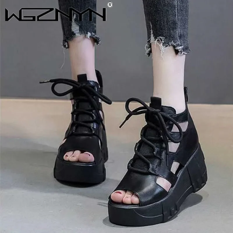 NEW Fish Mouth High Quality Soft PU Leather Summer Roman Shoes Women Sandals Platform Heighten Shoe Wedges Sandals open toe shoe