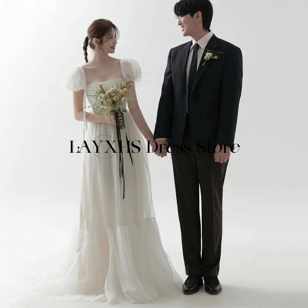 فساتين زفاف من التل العاجي لالتقاط الصور الكورية وياقة مربعة وأكمام قصيرة منتفخة فستان زفاف مشد مع ذيل ذاكرة الزفاف مخصصة #1