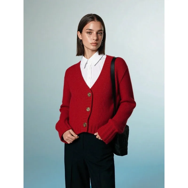 

V-neck Loose Thickened Solid Color Knitting Fried Dough Twists Women's Short Cardigan Autumn Winter Casual Elegant Sweater Coat