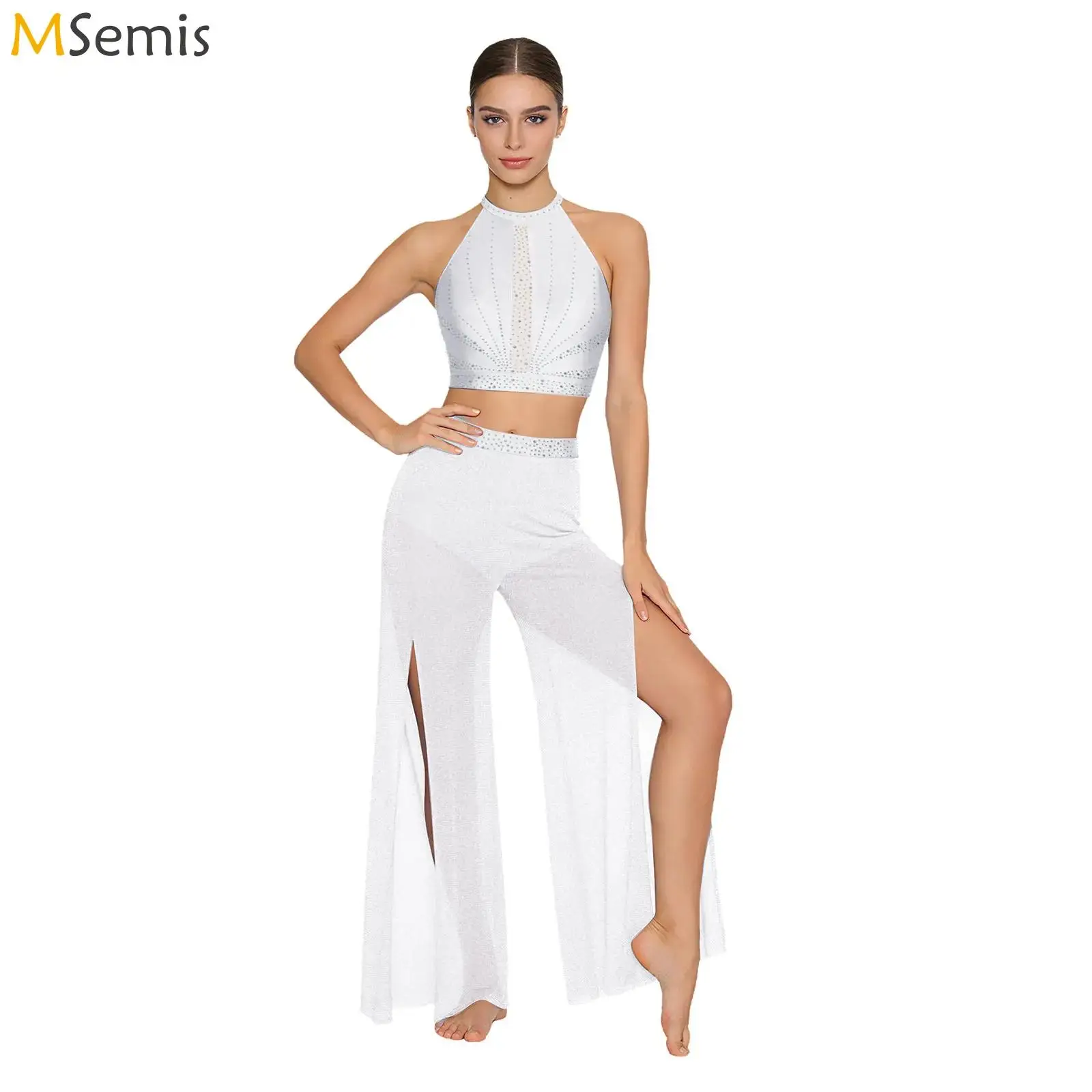 

Женский костюм для балета и лирического танца с стразами: топ с вырезами и блестящие сетчатые брюки с широкими штанинами