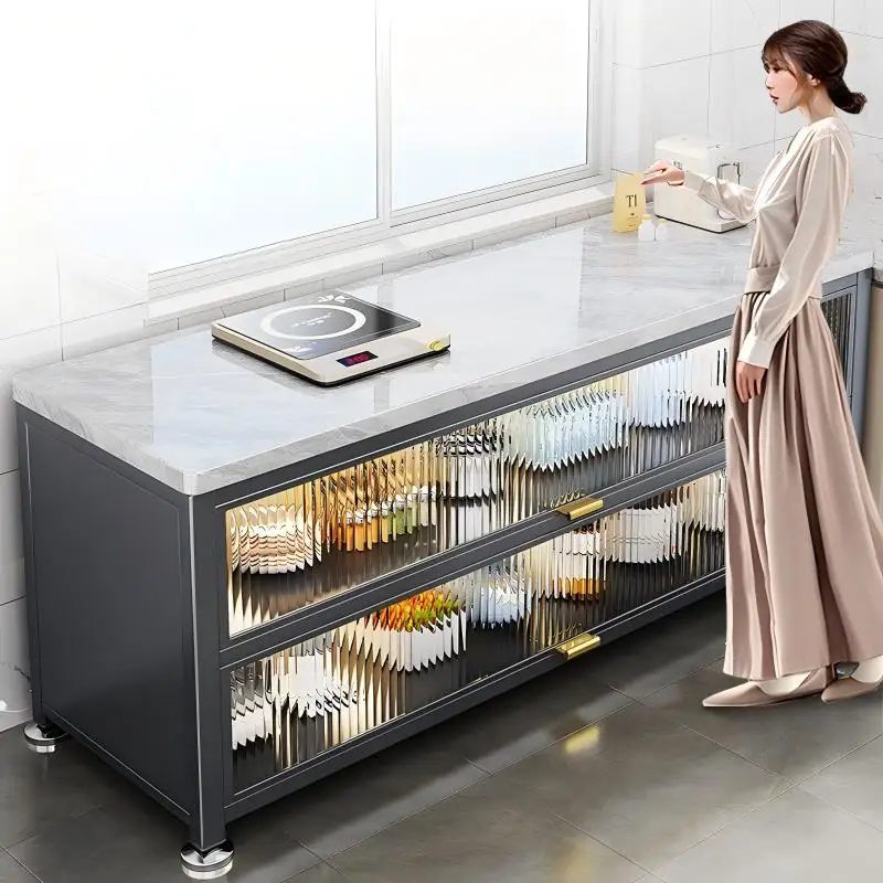 

Floor-standing kitchen shelves, side table, vegetable cutting workbench, and multi-layer integrated cabinets.