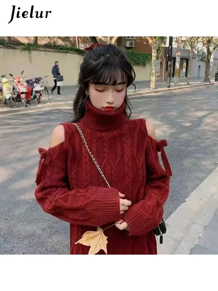 Jielur Frühling Weihnachten Roll kragen pullover Frauen Mode Twist Langarm Pullover Wein rot Neujahr lose Strick pullover