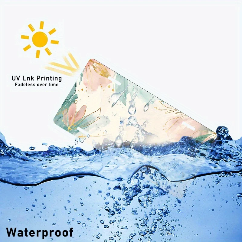 2D Flat, 1pc, for Decorative Use Only, Abstract Sky Blue Floral Car License Plate Photo—Vivid Watercolor with Golden Details