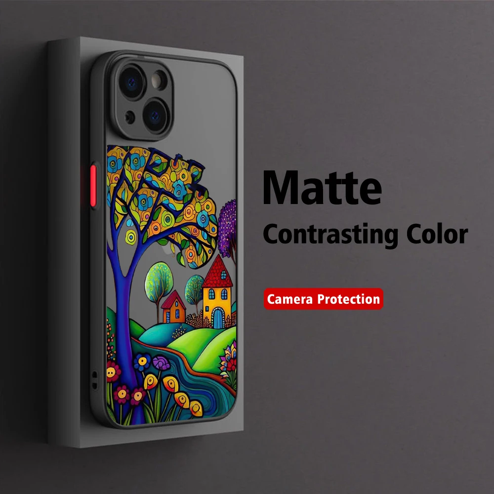 Hand Painted Forest House Illustration Phone Case For iPhone 15 14 13 12 11 Pro Max X XR XSMax 7 8  Matte Transparent Back Cover