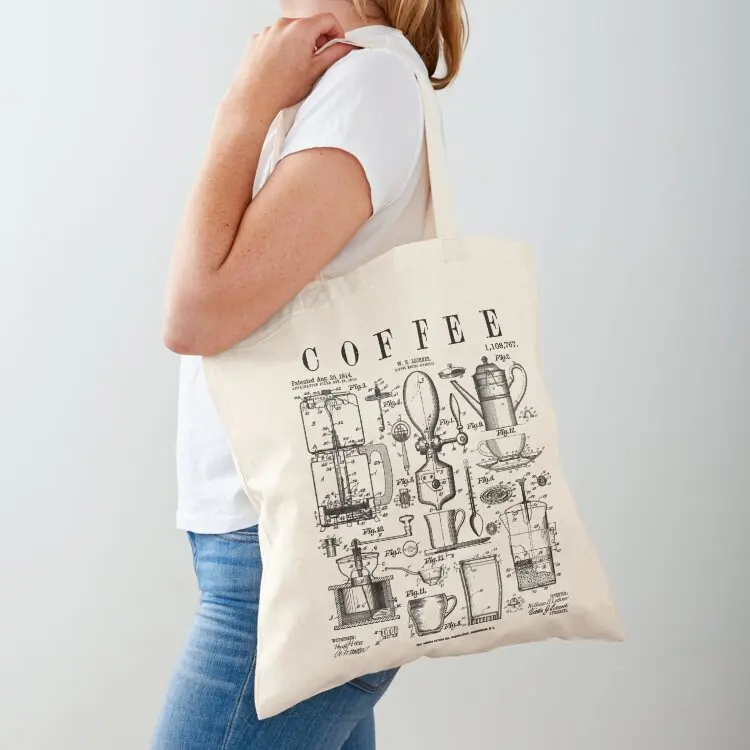 

Coffee Drinker Lover Caffeine Addict Vintage Patent Print Tote Bag foldable reusable bag Shopper Customizable tote bag