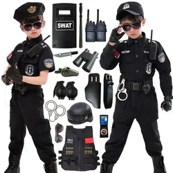 New Kids Uniform Police Costumes Cosplay Kids Police Top Pants Hat Dress Boys Girls Police Clothes Halloween Christmas Gift