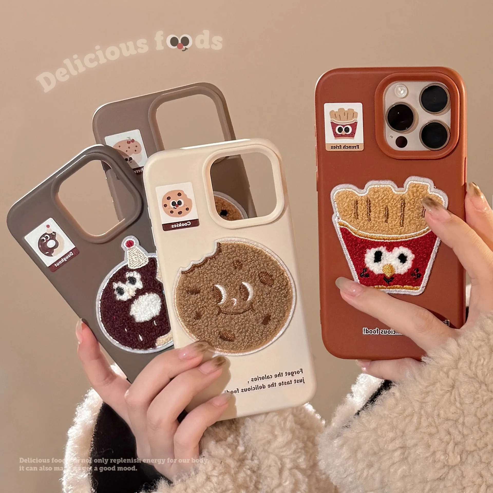 Bonita funda de teléfono con diseño de patatas fritas bordadas en 3D, galletas, Donuts y pasteles para iPhone 11 12 13 14 15 16 Pro Max, funda trasera suave