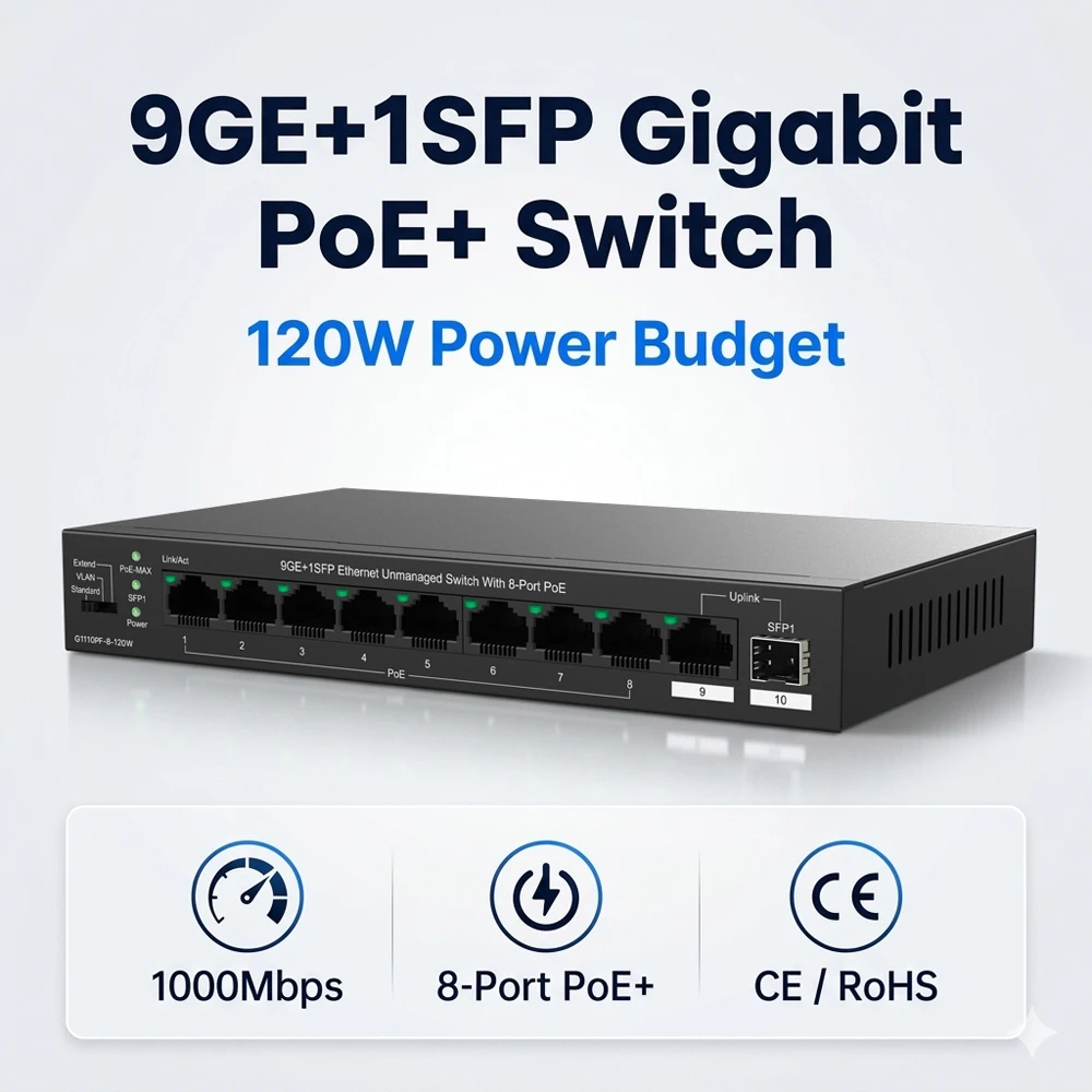10 Port Gigabit PoE Switch 120W 8 PoE+ Ports 1000Mbps SFP Uplink 250m Extend VLAN Isolation 6kV Surge Protection for IP Cam AP