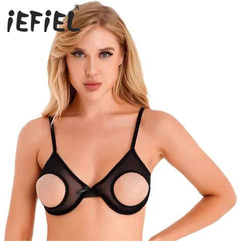 Womens Mesh Bra Tops Hollow Out Exposed Bra Open Cups Underwired Lingerie Bralette Adjustable Straps Sheer Brassiere Underwear