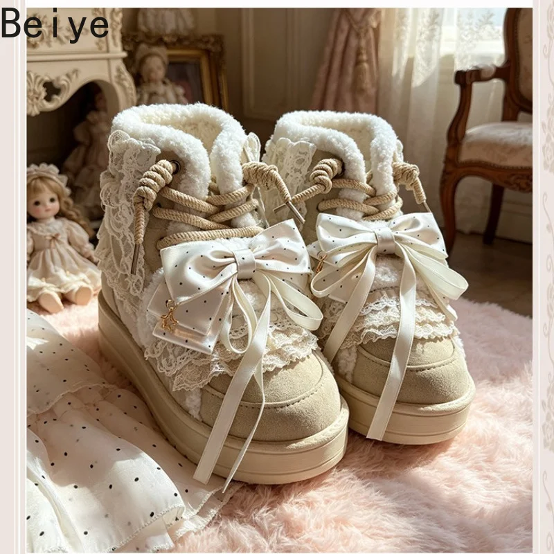 Sweet Original Princess Snow Boots Female Winter Solid Color Lace Thick-soled Shoes Women Warm Fleece Versatile Cotton Boots