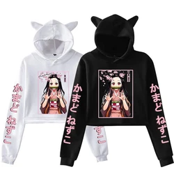 Moletom feminino de manga comprida Kamado Nezuko, streetwear de gato, pulôver feminino, anime Harajuku, tops curtos, nova moda